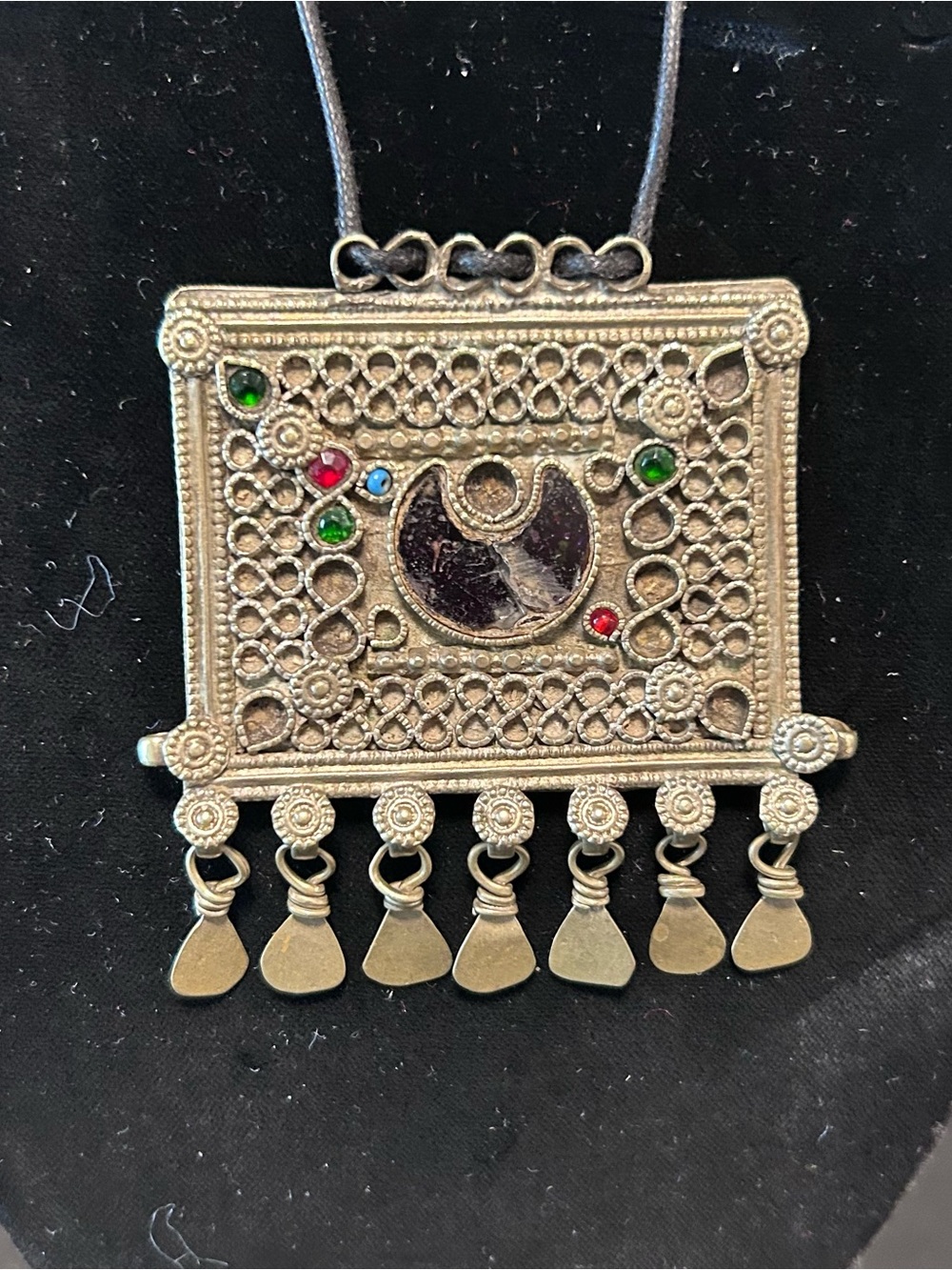 Vintage Afghan Kuchi Tribal Amulet Tone Pendant Necklace with Colored Accents
